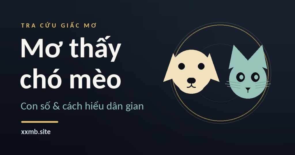 Minh hoạ đầu một con chó và một con mèo trên nền tối, kèm tiêu đề Mơ thấy chó mèo và dòng chữ con số, cách hiểu dân gian
