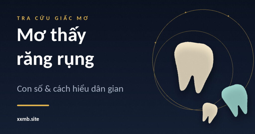Minh hoạ ba chiếc răng cách điệu trên nền tối, hai vòng tròn vàng và dòng chữ Mơ thấy răng rụng