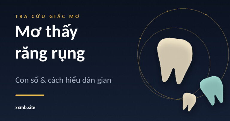 Minh hoạ ba chiếc răng cách điệu trên nền tối, hai vòng tròn vàng và dòng chữ Mơ thấy răng rụng